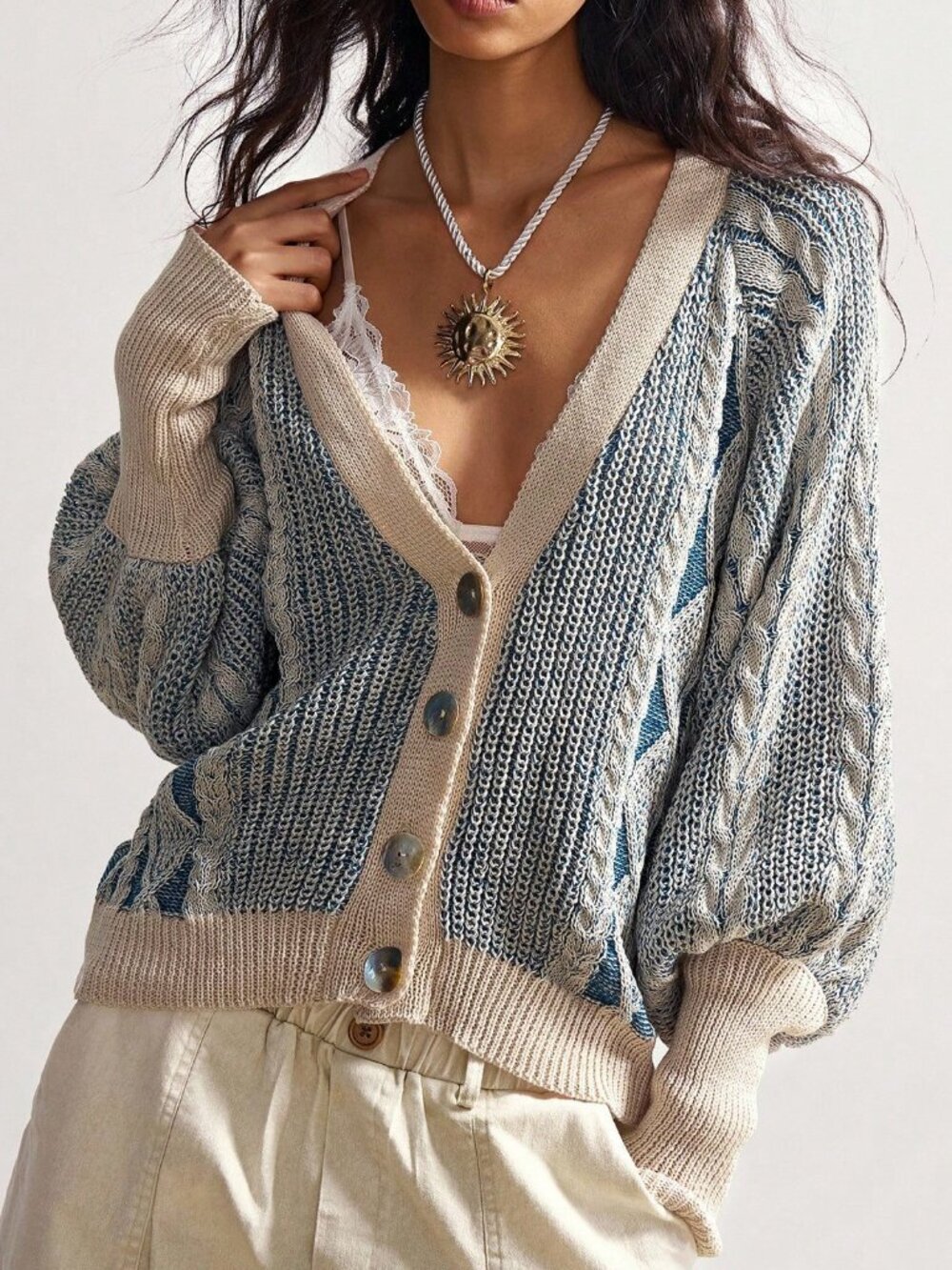 Blue Casual Women's Oversized V Neck Drop Shoulder Tassel Cardigan